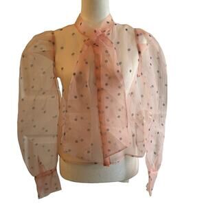 Forever 21 Sheer Pink Puff Sleeve Black Polka Dot Top Blouse Ties at Neck S